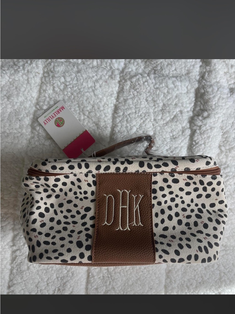 Monogram Cosmetic Pouch - Black Spotted Cream with Brown Trim